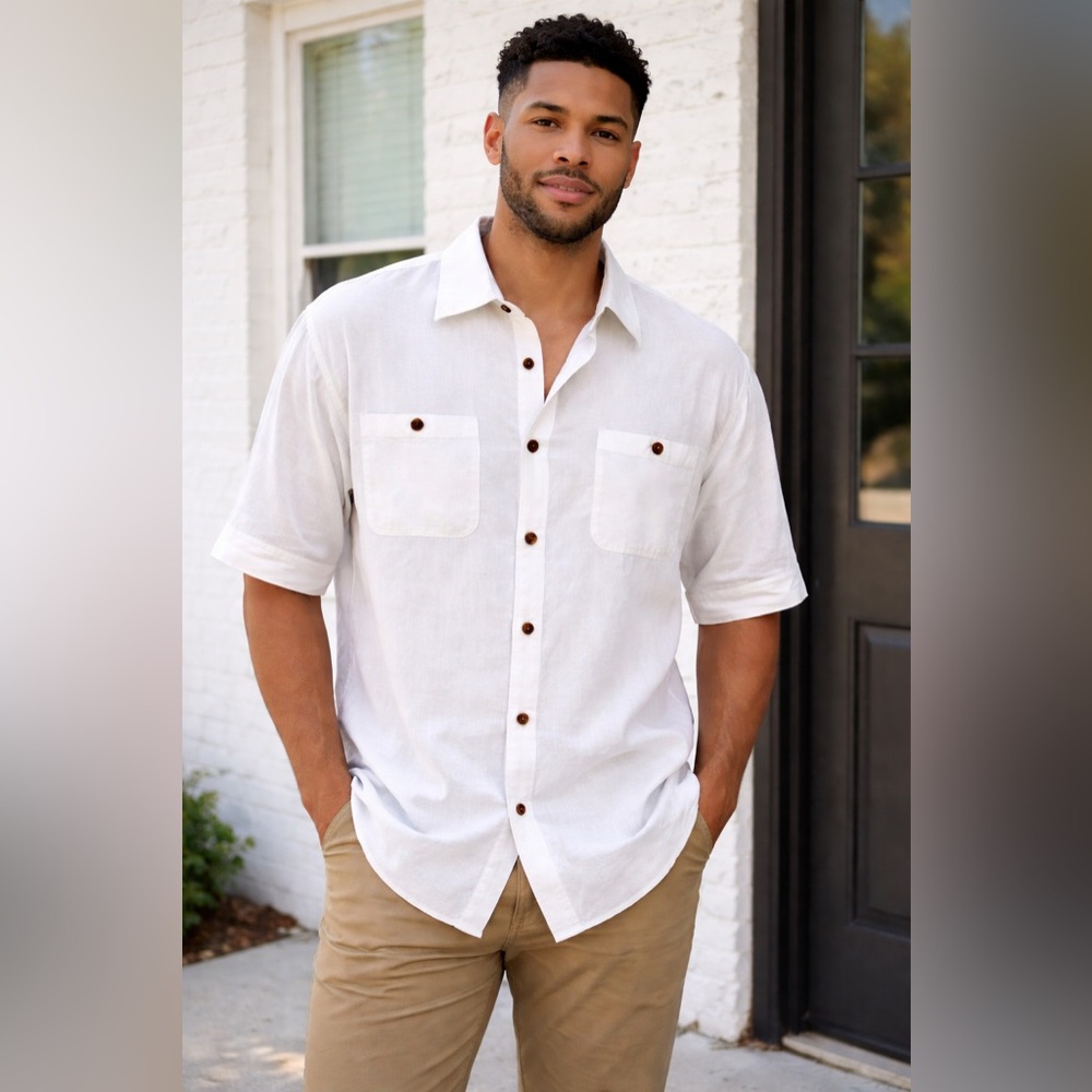Casual White Button-Down Shirt with Brown Accents